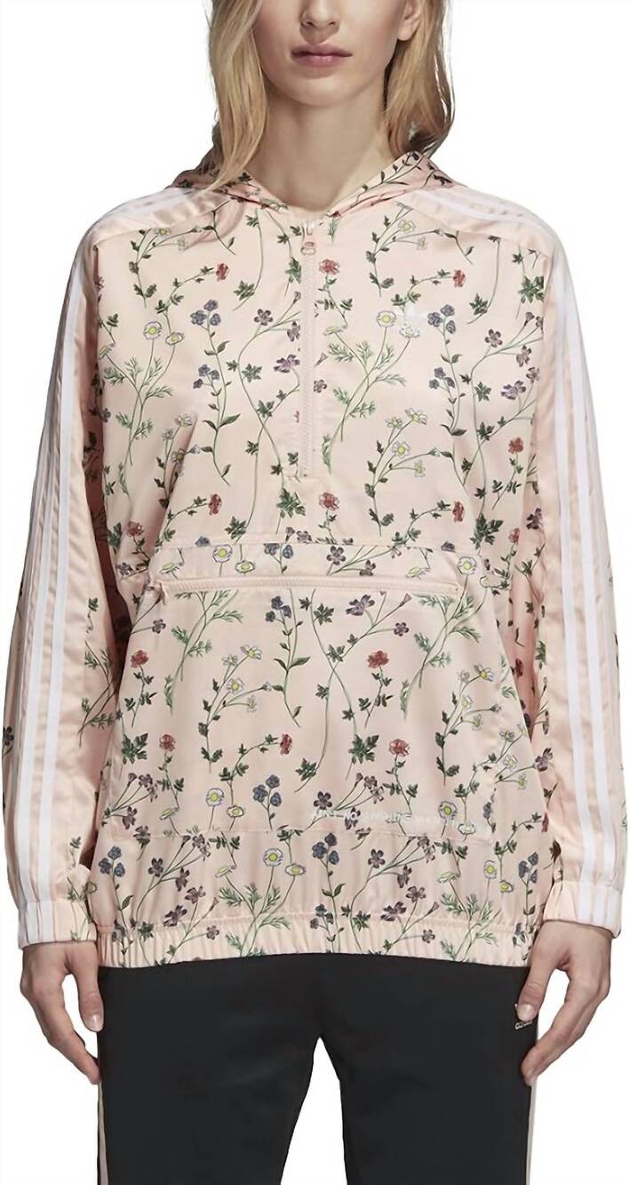 NEW ADIDAS floral-print hooded windbreaker sports jacket in pink